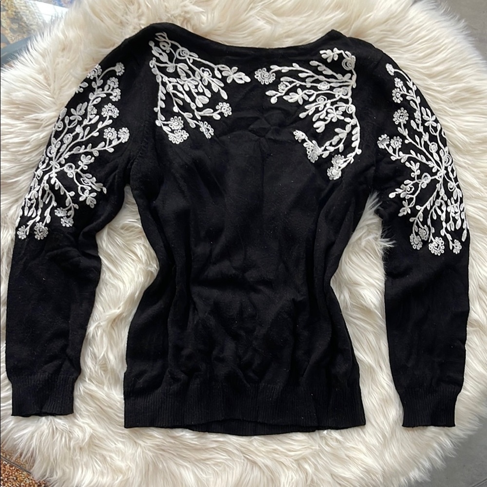 Black Sweater with White Floral Embroidery